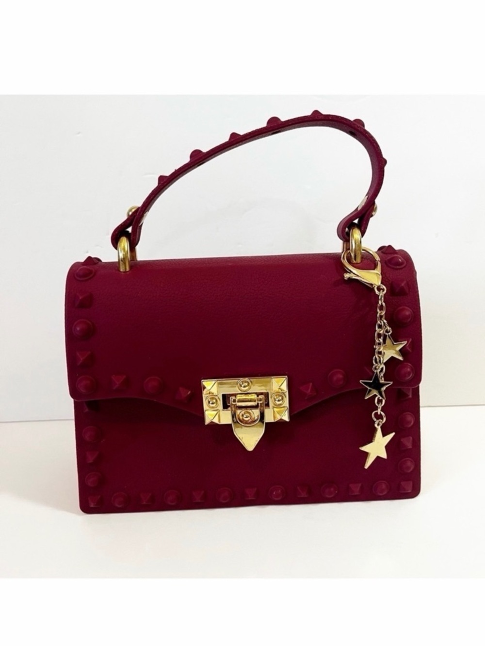 Most Wanted Burgundy Mini Satchel Handbag Soft Jelly Studded Small Moto NO STRAP